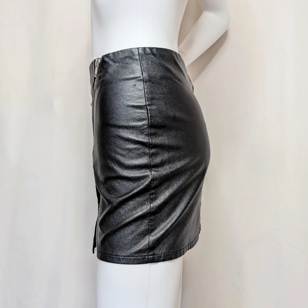Black Faux Leather Asymmetrical Hem Mini Skirt With Zipper Details